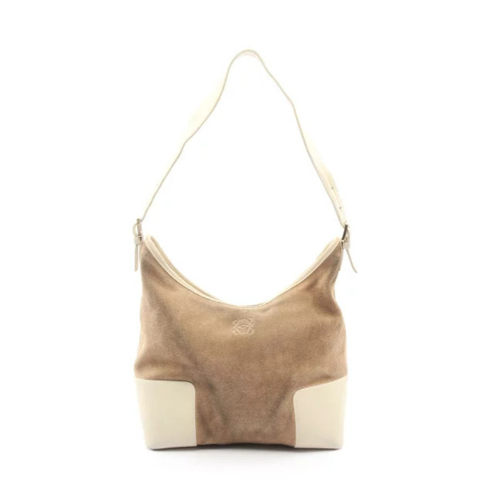 Loewe Anagram Shoulder Bag Suede Leather Beige Cream Ivory White